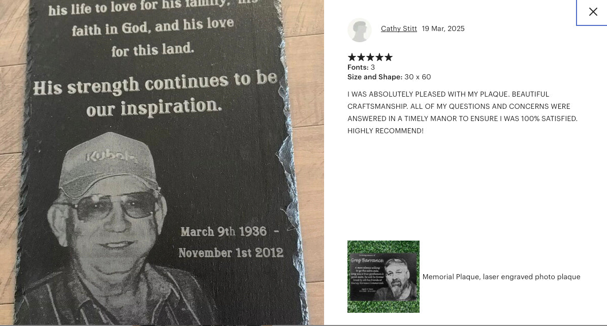 Human Memorial LARGE SIZES, Laser Engraved Photo Memorial. Inside, Outdoor and Gardening.